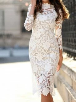 Women‘s Party Dress Wedding Guest Dress Lace Dress White Dress Knee Length Dress White 3/4 Length Sleeve Pure Color Lace Fall Spring Summer Crew Neck Party Party Vacation 2022 S M L XL