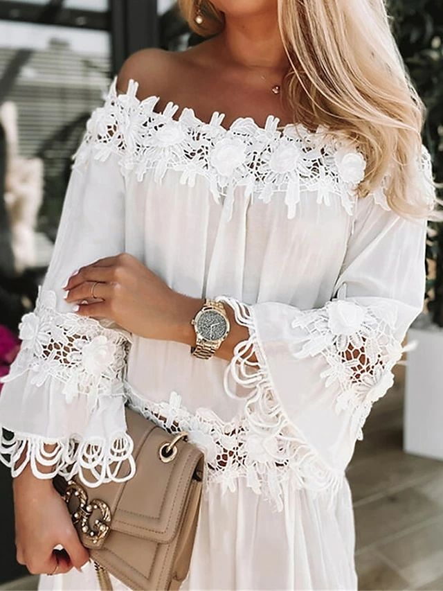 Women's Casual Dress Lace Dress Shift Dress Plain Tassel Fringe Lace Off Shoulder Midi Dress Basic Fashion Outdoor Daily 3/4 Length Sleeve Loose Fit White Spring Summer S M L XL XXL 5 Women's Casual Dress Lace Dress Shift Dress Plain Tassel Fringe Lace Off Shoulder Midi Dress Basic Fashion Outdoor Daily 3/4 Length Sleeve Loose Fit White Spring Summer S M L XL XXL - Image 3