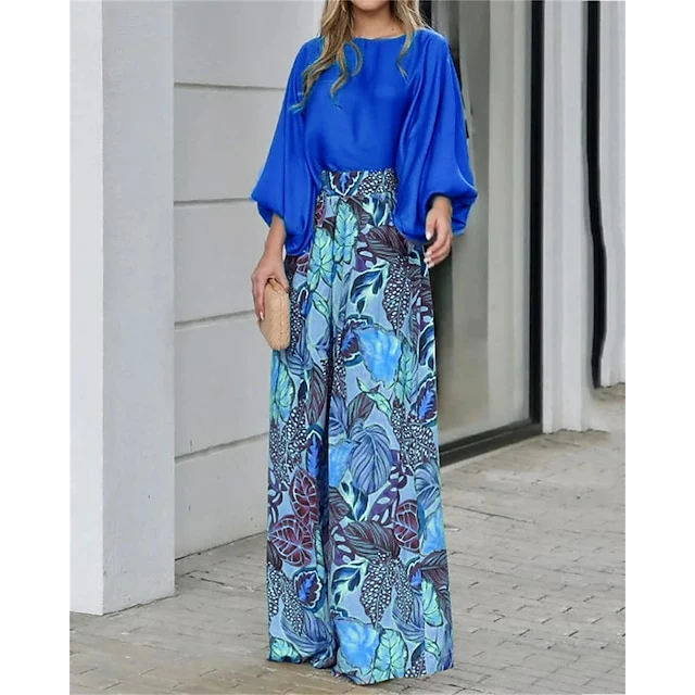 Women's Shirt Pants Sets Blue Orange Green Floral Print Long Sleeve Casual Daily Fashion Round Neck Regular Fit Puff Sleeve Spring &Fall 5 Women's Shirt Pants Sets Blue Orange Green Floral Print Long Sleeve Casual Daily Fashion Round Neck Regular Fit Puff Sleeve Spring &Fall - Image 3