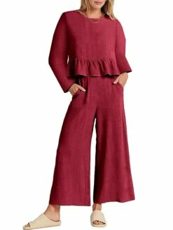 Women's Shirt Pants Sets Black Army Green Red Solid Color Ruffle Long Sleeve Casual Holiday Basic Round Neck Regular Fit Spring &Fall 11 Women's Shirt Pants Sets Black Army Green Red Solid Color Ruffle Long Sleeve Casual Holiday Basic Round Neck Regular Fit Spring &Fall -LIGHTINTHEBOX Shop chiyhy1693915148381