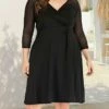 Women's Plus Size Curve Casual Dress Winter Dress Sheath Dress Plain Midi Dress Long Sleeve Ruched Mesh V Neck Fashion Outdoor Black Fall Winter XL XXL 3XL 4XL 5XL