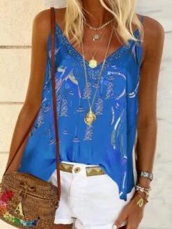 Women's Tank Top Camisole Blouse Camis Yellow Blue Floral Flower Print Sleeveless Daily Vacation Boho V Neck Regular Fit