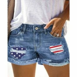Women's Jeans Shorts Independence Day Denim Blue Mid Waist Fashion Casual Weekend Side Pockets Print Micro-elastic Short Comfort American Flag S M L XL XXL