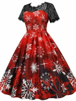 Women's Christmas Swing Dress Vintage DressKnee Length Dress Green Wine Dark Green Fuchsia Red Black Short Sleeve Santa Claus Snowman Snowflake Lace Print Fall Winter V Neck Vacation Vintage 2022 S -LIGHTINTHEBOX Shop cldirx1665293368571