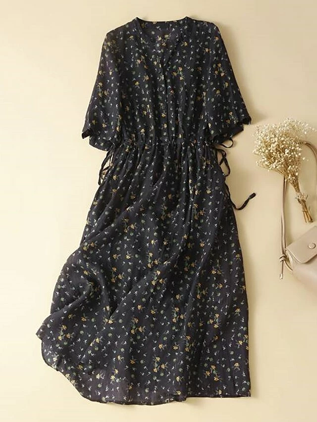 Women's Casual Dress Cotton Linen Dress A Line Dress Midi Dress Linen / Cotton Blend Basic Classic Outdoor Daily Vacation Split Neck Button Pocket 3/4 Length Sleeve Spring Fall Autumn 2023 Loose Fit 4 Women's Casual Dress Cotton Linen Dress A Line Dress Midi Dress Linen / Cotton Blend Basic Classic Outdoor Daily Vacation Split Neck Button Pocket 3/4 Length Sleeve Spring Fall Autumn 2023 Loose Fit - Image 2