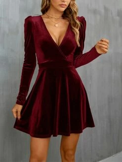 Women‘s Wedding Guest Dress Homecoming Dress Party Dress Velvet Dress Green Casual Dress Wine Army Green Black Long Sleeve Pure Color Ruched Velvet Winter Fall V Neck Casual Modern -LIGHTINTHEBOX Shop clkmps1661941395519