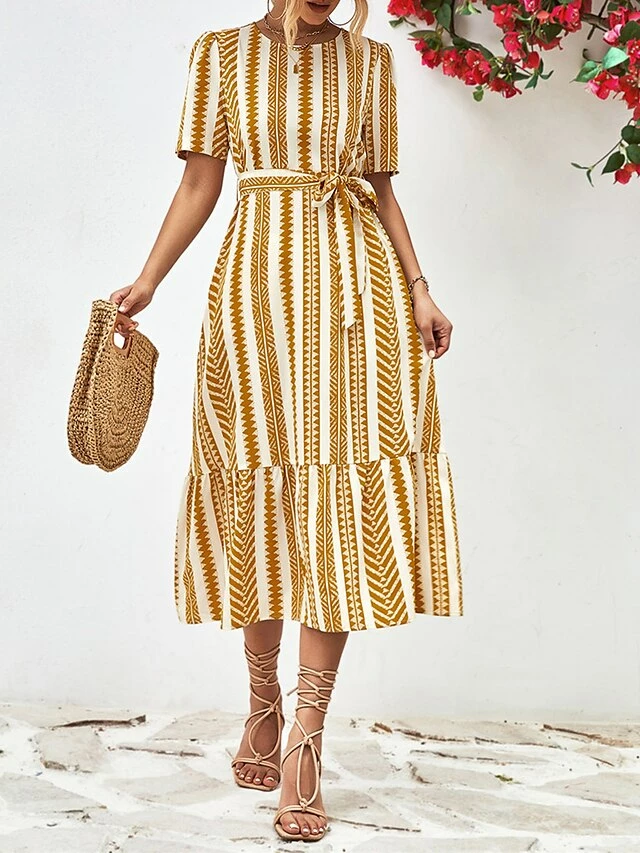 Women's Casual Dress A Line Dress Summer Dress Stripe Lace Up Print Crew Neck Midi Dress Fashion Streetwear Outdoor Street Short Sleeve Regular Fit Black Yellow Summer Spring S M L XL 10 Women's Casual Dress A Line Dress Summer Dress Stripe Lace Up Print Crew Neck Midi Dress Fashion Streetwear Outdoor Street Short Sleeve Regular Fit Black Yellow Summer Spring S M L XL - Image 8