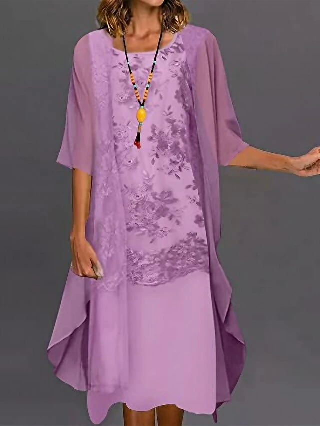 Women's Two Piece Dress Set Casual Dress Print Dress Outdoor Daily Casual Mature Mesh Print Midi Dress Crew Neck Half Sleeve Floral Regular Fit Purple Summer Spring S M L XL XXL 3 Women's Two Piece Dress Set Casual Dress Print Dress Outdoor Daily Casual Mature Mesh Print Midi Dress Crew Neck Half Sleeve Floral Regular Fit Purple Summer Spring S M L XL XXL