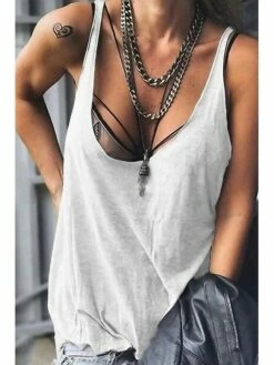 Women's Shirt Tank Top White Blue Plain Sleeveless Holiday Weekend Casual U Neck Regular S