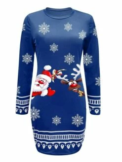 Women‘s Christmas Casual Dress Sweatshirt Dress Mini Dress Fashion Daily Outdoor Vacation Crew Neck Print Santa Claus Hat Loose Fit Blue S M L XL XXL