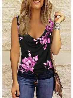 Women's Tank Top White Wine Red Floral Print Sleeveless Casual Holiday Basic V Neck Regular Fit Floral Sleeveless