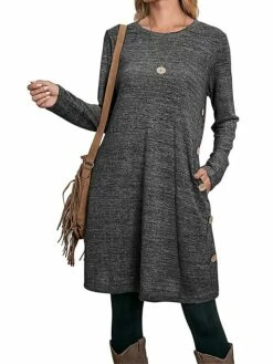 Women's Work Dress Casual Dress A Line Dress Fashion Daily Mini Dress Button Pocket Crew Neck Long Sleeve Plain Loose Fit Black Pink Gray Fall Winter S M L XL XXL -LIGHTINTHEBOX Shop cnznqh1697185372282