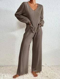 Women's Shirt Pants Sets Dark Grey Black Pink Solid Color Long Sleeve Casual Daily Daily V Neck Regular Fit Spring &Fall