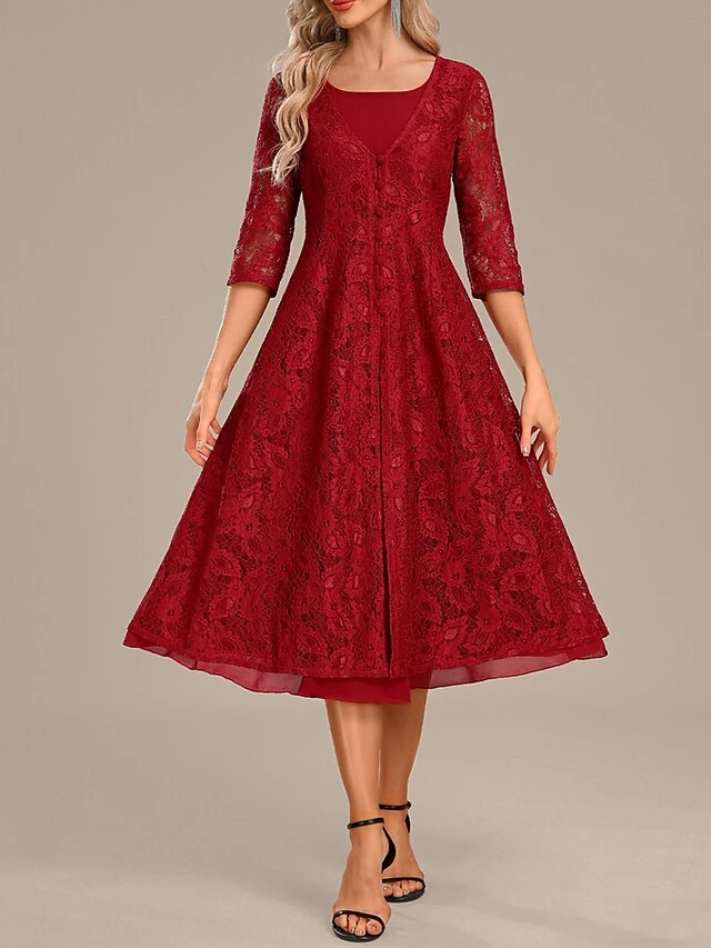 Women's Party Dress Lace Dress Cocktail Dress Midi Dress Red 3/4 Length Sleeve Pure Color Lace Spring Fall Winter Crew Neck Fashion Winter Dress Christmas Wedding Guest 2023 S M L XL XXL 3XL 3 Women's Party Dress Lace Dress Cocktail Dress Midi Dress Red 3/4 Length Sleeve Pure Color Lace Spring Fall Winter Crew Neck Fashion Winter Dress Christmas Wedding Guest 2023 S M L XL XXL 3XL