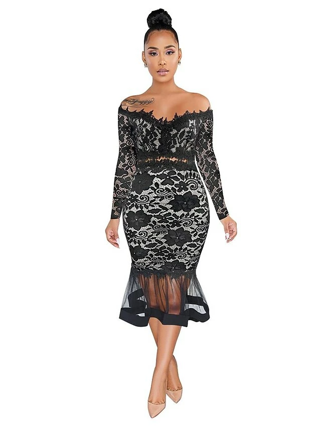 Women‘s Party Dress Wedding Guest Dress Mini Dress Black White Long Sleeve Fall Spring Summer Off Shoulder Party Party Winter Dress Evening Party 2023 S M L XL 2XL 5 Women‘s Party Dress Wedding Guest Dress Mini Dress Black White Long Sleeve Fall Spring Summer Off Shoulder Party Party Winter Dress Evening Party 2023 S M L XL 2XL - Image 3