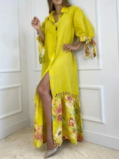 Women's Shirt Dress Casual Dress Shift Dress Long Dress Maxi Dress White Yellow Pink 3/4 Length Sleeve Floral Split Summer Spring Shirt Collar Fashion Loose Fit 2023 S M L XL 2XL 3XL 4XL -LIGHTINTHEBOX Shop cpkclf1672050942553