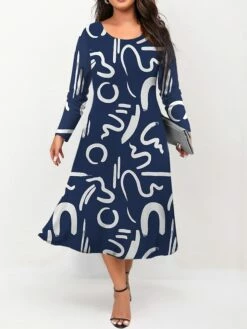 Women's Plus Size Curve Casual Dress Skater Dress A Line Dress Letter Midi Dress Long Sleeve Print Crew Neck Fashion Outdoor Blue Green Fall Winter L XL XXL 3XL 4XL