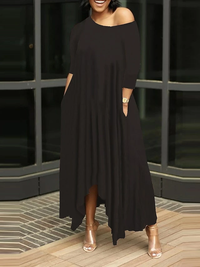 Women's Work Dress Black Dress White Dress Fashion Long Dress Maxi Dress Ruched Pocket One Shoulder 3/4 Length Sleeve Plain Regular Fit Black White Pink Fall S M L XL XXL 5 Women's Work Dress Black Dress White Dress Fashion Long Dress Maxi Dress Ruched Pocket One Shoulder 3/4 Length Sleeve Plain Regular Fit Black White Pink Fall S M L XL XXL - Image 3