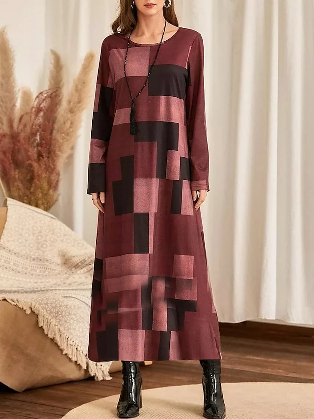 Women's Casual Dress Print Dress Plaid Pocket Print Crew Neck Long Dress Maxi Dress Fashion Streetwear Outdoor Daily Long Sleeve Regular Fit Fuchsia Fall S M L XL XXL 3 Women's Casual Dress Print Dress Plaid Pocket Print Crew Neck Long Dress Maxi Dress Fashion Streetwear Outdoor Daily Long Sleeve Regular Fit Fuchsia Fall S M L XL XXL