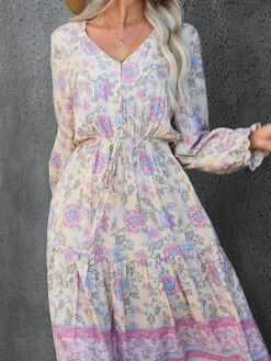 Women's Casual Dress Swing Dress Print Dress Floral Print Drawstring Print V Neck Midi Dress Active Fashion Outdoor Daily Long Sleeve Regular Fit Pink Spring Fall S M L XL -LIGHTINTHEBOX Shop cqxrul1692959232640