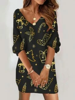 Women's Christmas Sweatshirt Dress Shift Dress Mini Dress Gold 3/4 Length Sleeve Christmas Bell Print Winter Fall Autumn V Neck Fashion Christmas Loose Fit 2022 S M L XL XXL 3XL