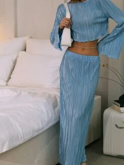 Women's Two Piece Dress Set Casual Dress Skirt Set Outdoor Daily Fashion Streetwear Pleated Midi Dress Crew Neck Long Sleeve Plain Regular Fit Blue Green Rose Red Fall Winter S M L -LIGHTINTHEBOX Shop csmhck1693534947457