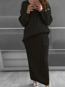 Women's Two Piece Dress Set Casual Dress Skirt Set Daily Holiday Fashion Streetwear Pocket Ribbed Long Dress Maxi Dress Crew Neck Long Sleeve Plain Loose Fit Black Yellow Wine Fall Winter S M L XL XXL -LIGHTINTHEBOX Shop csvvpk1694165728860