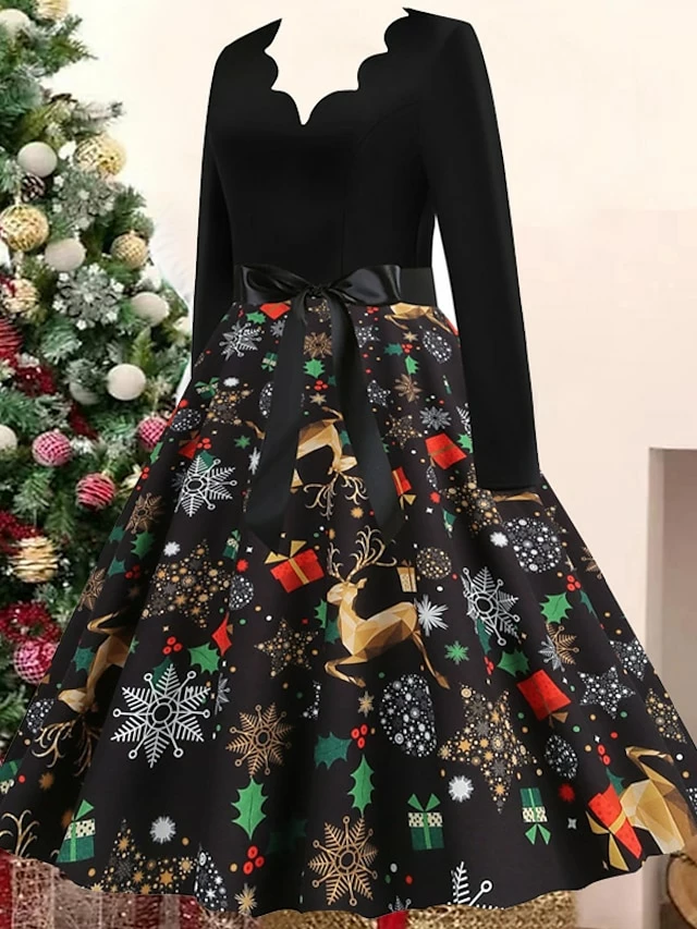 Women's Christmas Casual Dress Swing Dress Vintage Dress Midi Dress Black Wine Orange Long Sleeve Animal Bow Winter Fall Autumn V Neck 2022 S M L XL XXL 3XL 5 Women's Christmas Casual Dress Swing Dress Vintage Dress Midi Dress Black Wine Orange Long Sleeve Animal Bow Winter Fall Autumn V Neck 2022 S M L XL XXL 3XL - Image 3
