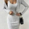 Women's Two Piece Dress Set Casual Dress Sweater Dress Outdoor Daily Fashion Ethnic Ribbed Mini Dress Strap Short Sleeve Plain Regular Fit Gray Fall Winter S M L XL -LIGHTINTHEBOX Shop ctjcvk1695105663652