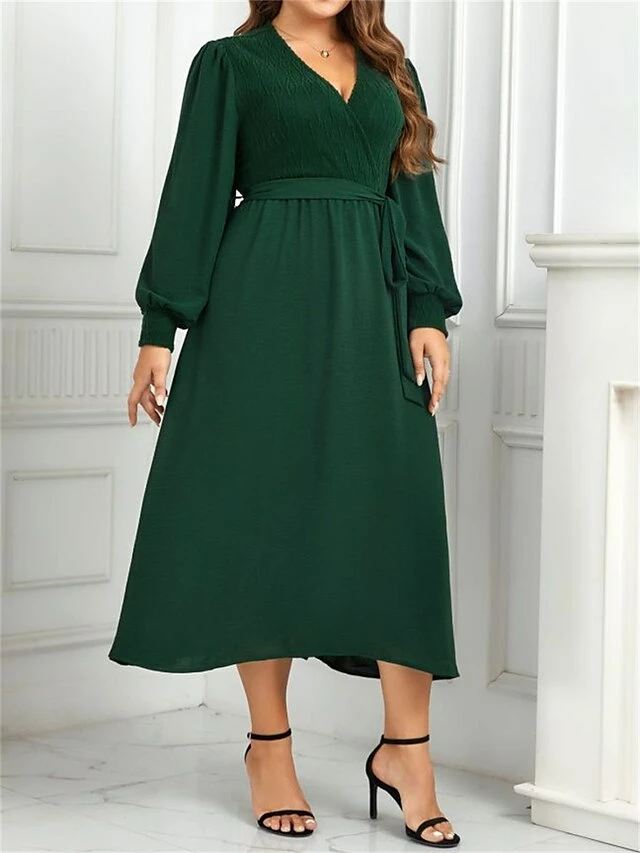 Women's Plus Size Curve Casual Dress Sheath Dress Plain Midi Dress Long Sleeve Lace Up Split V Neck Fashion Outdoor Green Fall Winter XL XXL 3XL 4XL 6 Women's Plus Size Curve Casual Dress Sheath Dress Plain Midi Dress Long Sleeve Lace Up Split V Neck Fashion Outdoor Green Fall Winter XL XXL 3XL 4XL - Image 4