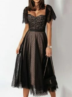 Women's Party Dress Corset Dress Lace Dress Midi Dress Black Pink Fuchsia Short Sleeve Polka Dot Lace Summer Spring Square Neck Fashion Birthday Wedding Guest Vacation Slim S M L XL -LIGHTINTHEBOX Shop ctscnt1685081648506