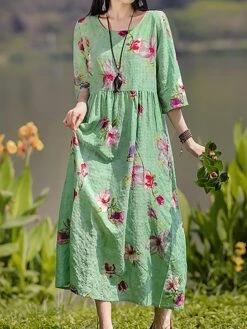 Women's Casual Dress Cotton Linen Dress Swing Dress Midi Dress Linen / Cotton Blend Sweet Style Modern Outdoor Daily Holiday Crew Neck Print 3/4 Length Sleeve Fall Winter Autumn 2023 Loose Fit Yellow -LIGHTINTHEBOX Shop cucpfk1693553157500