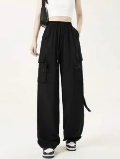 Women's Cargo Pants Wide Leg Pants Trousers Full Length Pocket Baggy Micro-elastic High Rise Fashion Streetwear Street Daily Wear Black Pink S M Fall Winter -LIGHTINTHEBOX Shop cuiile1692257397929