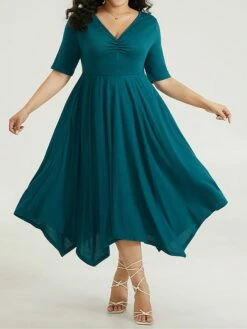 Women's Plus Size Curve Casual Dress Swing Dress A Line Dress Plain Midi Dress Half Sleeve Ruched Pocket V Neck Fashion Daily Dark Green Spring Fall L XL 2XL 3XL 4XL