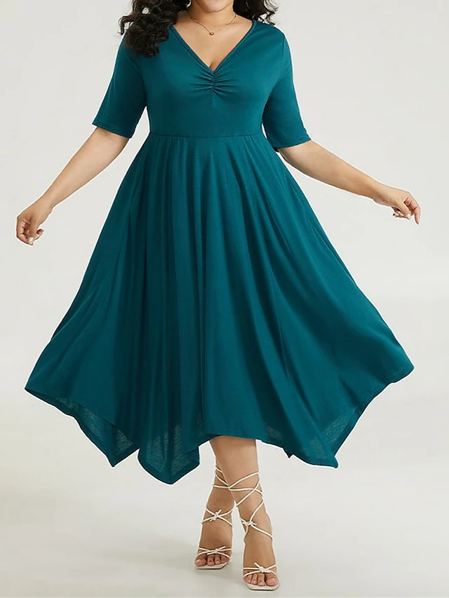 Women's Plus Size Curve Casual Dress Swing Dress A Line Dress Plain Midi Dress Half Sleeve Ruched Pocket V Neck Fashion Daily Dark Green Spring Fall L XL 2XL 3XL 4XL 3 Women's Plus Size Curve Casual Dress Swing Dress A Line Dress Plain Midi Dress Half Sleeve Ruched Pocket V Neck Fashion Daily Dark Green Spring Fall L XL 2XL 3XL 4XL