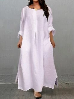 Women's Casual Dress Cotton Linen Dress Black Dress Maxi Long Dress Linen / Cotton Blend Fashion Daily Outdoor Daily Vacation Crew Neck Button Pocket 3/4 Length Sleeve Fall Autumn 2023 Loose Fit