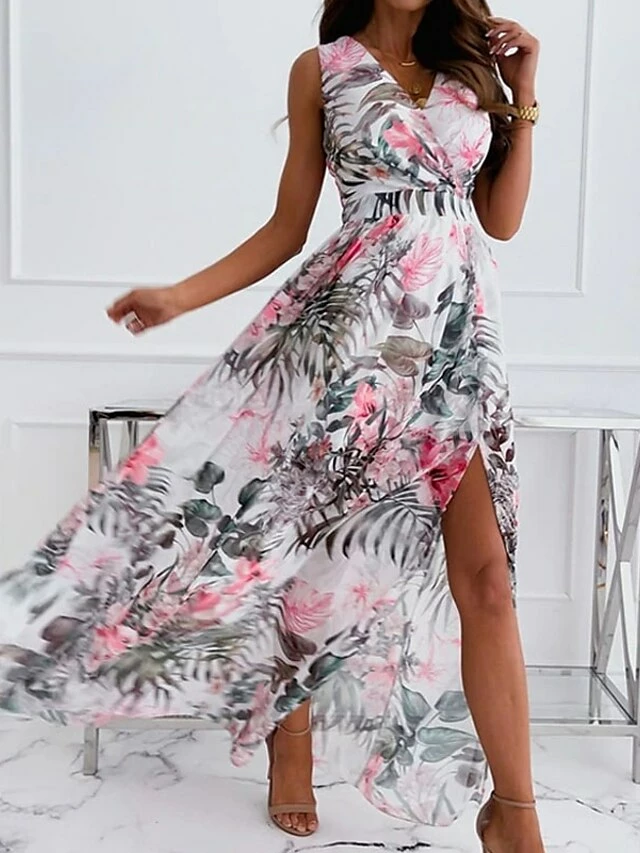Women's Swing Dress Long Dress Maxi Dress Pink White Sleeveless Floral Split Spring Summer V Neck Weekend 2023 S M L XL XXL 7 Women's Swing Dress Long Dress Maxi Dress Pink White Sleeveless Floral Split Spring Summer V Neck Weekend 2023 S M L XL XXL - Image 5