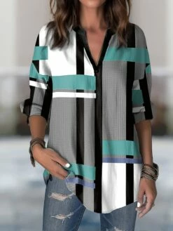 Women's Shirt Blouse Pink Blue Purple Color Block Print Long Sleeve Casual Basic V Neck Regular Fit Spring Fall