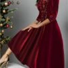 Women's Two Piece Dress Set Party Dress Wine Red Velvet Dress Party Sequin Dress Wedding Guest Fashion Modern Patchwork Midi Dress Crew Neck 3/4 Length Sleeve Plain -LIGHTINTHEBOX Shop cxdyku1697167535586