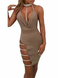 Women‘s Sheath Dress Midi Dress Black Khaki Sleeveless Pure Color Patchwork Spring Summer Deep V Sexy Party 2023 S M L XL
