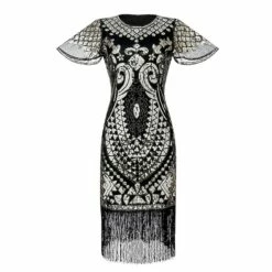 Women's Retro 1920s Fringe Dress Midi Dress Party Halloween Sequins Tassel Fringe Floral V Neck Short Sleeve Regular Fit Spring Fall 2023 Silver Black S M L XL -LIGHTINTHEBOX Shop cydrcj1692849706775