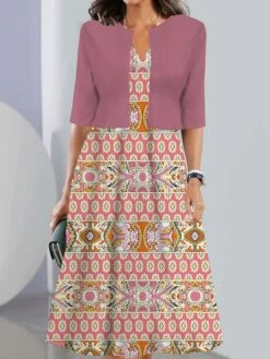Women's Two Piece Dress Set Casual Dress Tank Dress Outdoor Daily Vintage Casual Pocket Print Midi Dress V Neck 3/4 Length Sleeve Geometric Color Block Regular Fit Black Pink Wine Summer Spring S M L -LIGHTINTHEBOX Shop cyisnq1690441703781