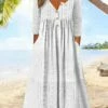 Women's Casual Dress Cotton Linen Dress White Dress Midi Dress Linen / Cotton Blend Basic Classic Outdoor Daily Vacation V Neck Button Pocket 3/4 Length Sleeve Summer Spring Fall 2023 Regular Fit -LIGHTINTHEBOX Shop cympff1689071571431