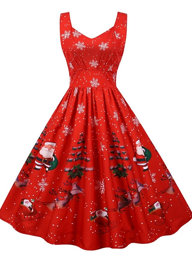 Women's Christmas Knee Length Dress Purple Black Red Navy Blue Light Blue Sleeveless Print Bow Print Fall Winter V Neck Casual Vintage2021 S M L XL XXL 9 Women's Christmas Knee Length Dress Purple Black Red Navy Blue Light Blue Sleeveless Print Bow Print Fall Winter V Neck Casual Vintage2021 S M L XL XXL - Image 7