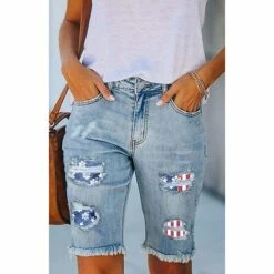 Women's Jeans Shorts Independence Day Denim Shorts Blue Mid Waist Fashion Casual Weekend Side Pockets Print Micro-elastic Knee Length Comfort American Flag S M L XL XXL