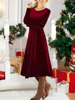 Women's Party Dress Velvet Dress Cocktail Dress Midi Dress Burgundy Long Sleeve Pure Color Patchwork Spring Fall Winter Crew Neck Fashion Winter Dress Christmas Wedding Guest 2023 S M L XL XXL 3XL