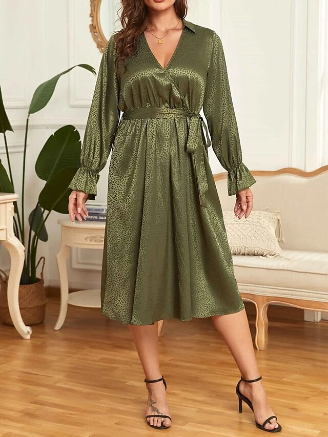 Women's Plus Size Curve Party Dress Wedding Guest Dress Green Dress Midi Dress Green Long Sleeve Print With Belt Spring Fall Winter V Neck Fashion Winter Dress Evening Party Wedding Guest XL XXL 3XL 4 Women's Plus Size Curve Party Dress Wedding Guest Dress Green Dress Midi Dress Green Long Sleeve Print With Belt Spring Fall Winter V Neck Fashion Winter Dress Evening Party Wedding Guest XL XXL 3XL - Image 2
