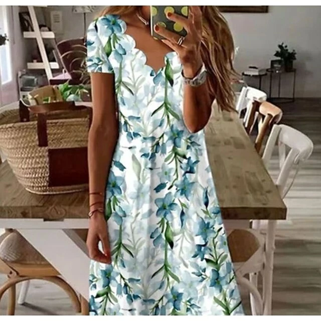 Women's Casual Dress Maxi Long Dress Green Short Sleeve Floral Ruched Spring Summer V Neck Stylish 2023 S M L XL XXL 3XL 4 Women's Casual Dress Maxi Long Dress Green Short Sleeve Floral Ruched Spring Summer V Neck Stylish 2023 S M L XL XXL 3XL - Image 2