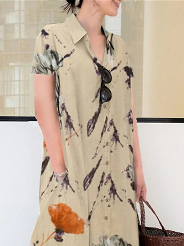 Women's Shirt Dress Casual Dress Shift Dress Maxi Long Dress Outdoor Daily Date Polyester Basic Modern Shirt Collar Button Pocket Short Sleeve Summer Spring 2023 Loose Fit Green Apricot Floral S M L 5 Women's Shirt Dress Casual Dress Shift Dress Maxi Long Dress Outdoor Daily Date Polyester Basic Modern Shirt Collar Button Pocket Short Sleeve Summer Spring 2023 Loose Fit Green Apricot Floral S M L - Image 3
