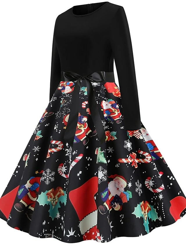 Women's Christmas Knee Length Dress Green White Black Rainbow Red Long Sleeve Print Snowflake Santa Claus Print Fall Winter Crew Neck Casual Vintage Party 2022 S M L XL XXL 8 Women's Christmas Knee Length Dress Green White Black Rainbow Red Long Sleeve Print Snowflake Santa Claus Print Fall Winter Crew Neck Casual Vintage Party 2022 S M L XL XXL - Image 6